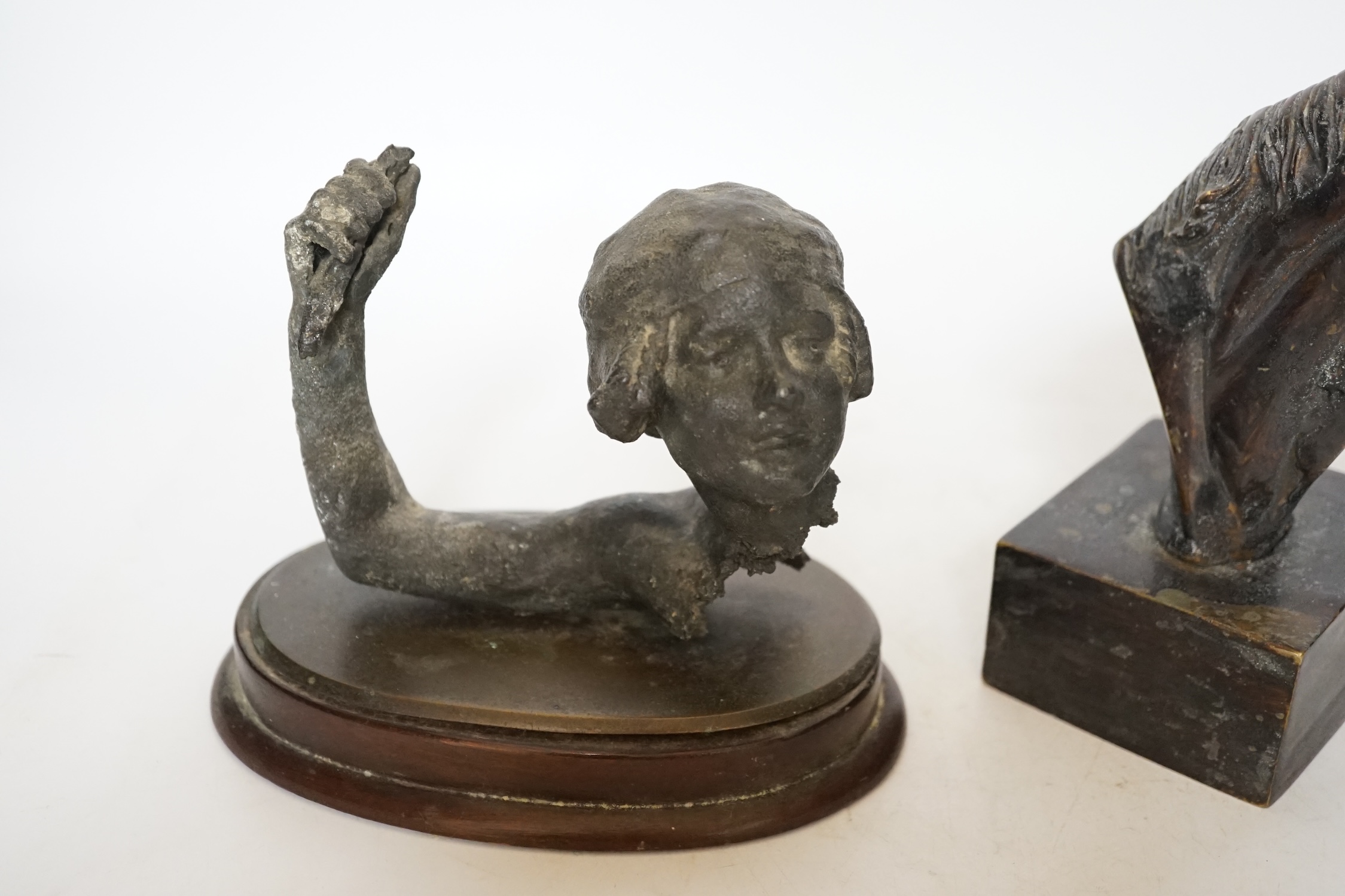 A decorative bronze study of a horse head and a spelter figural fragment, tallest 18.5cm